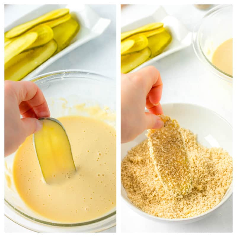 dredging the pickles in the egg wash and breading