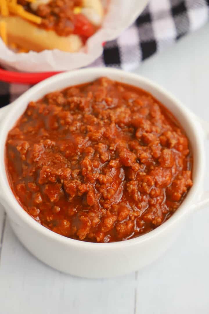 white bowl of hot dog chili closeup