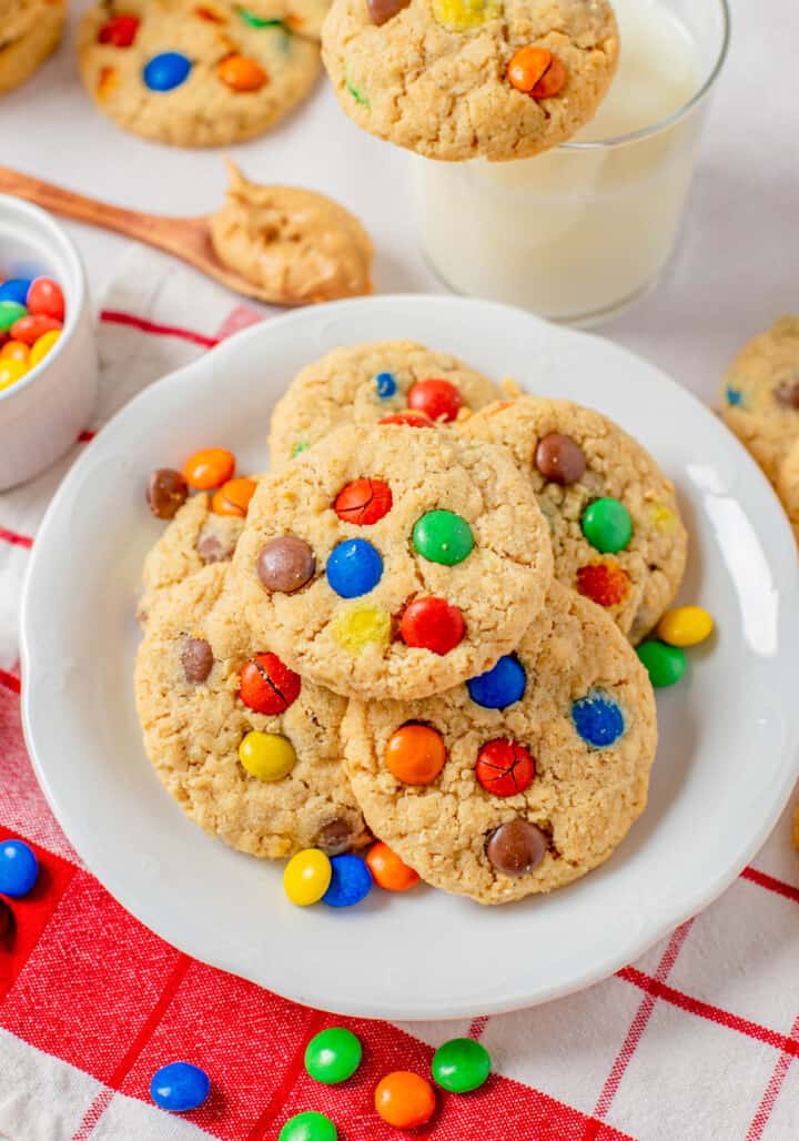 Peanut Butter Oatmeal M&M Cookies stacked on white plate