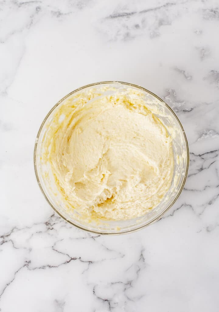 cookie dough mixed in glass bowl