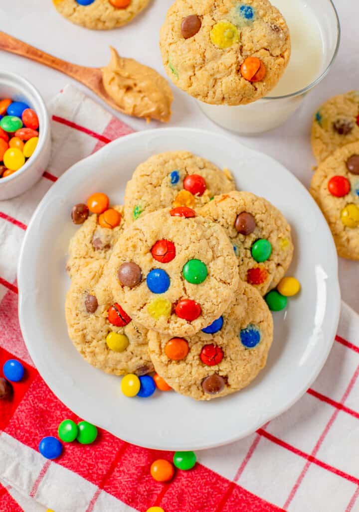 Peanut Butter Oatmeal M&M Cookies on white plate