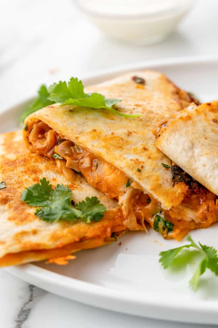 closeup of bbq chicken quesadillas