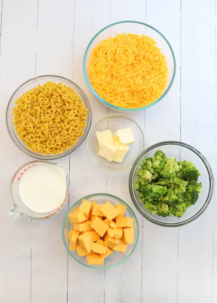 ingredients for broccoli mac and cheese.