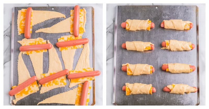 steps pictured of wrapping hot dogs in the crescents.