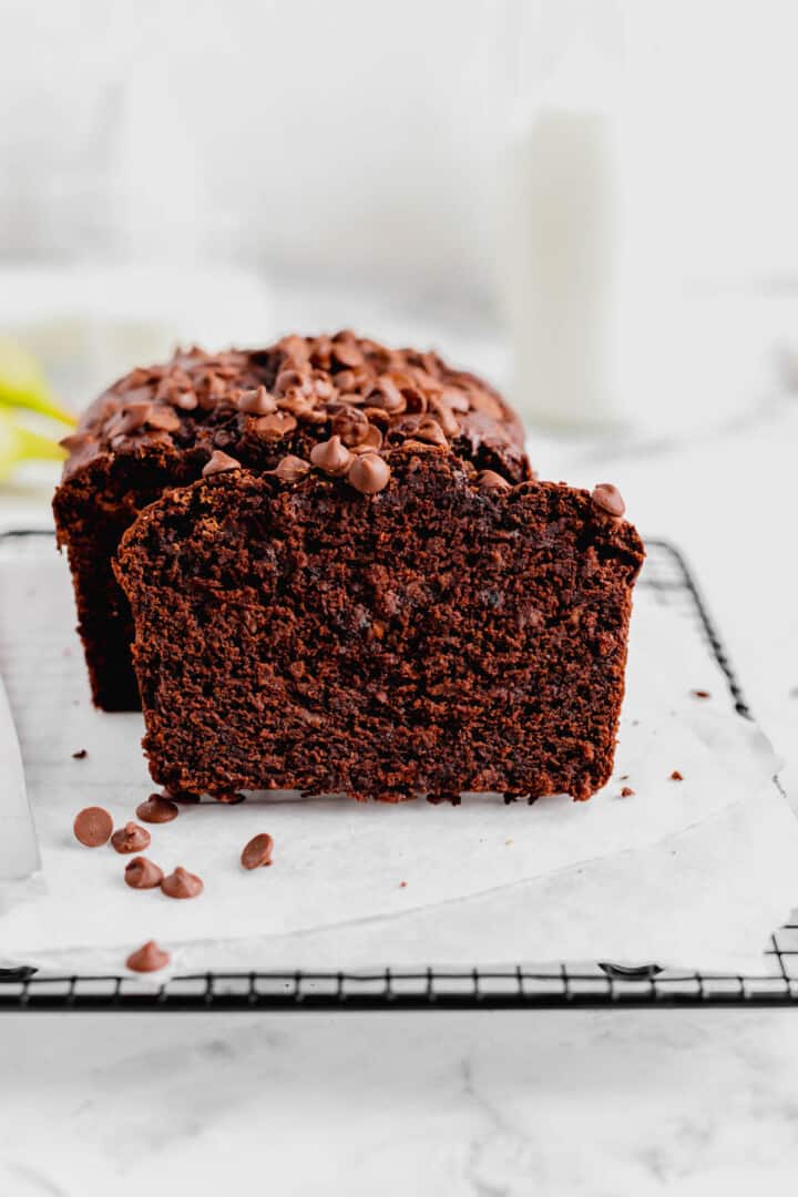 front view of a slice of double chocolate banana bread