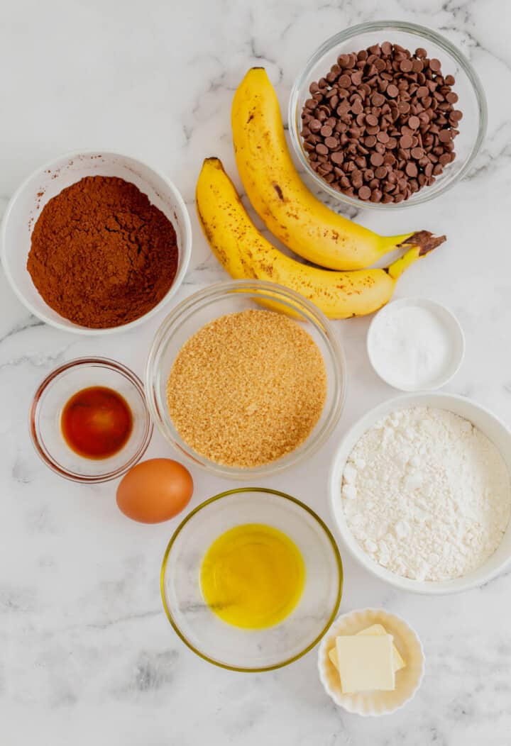 ingredients for chocolate banana bread.