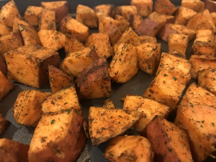 closeup of roasted sweet potatoes.