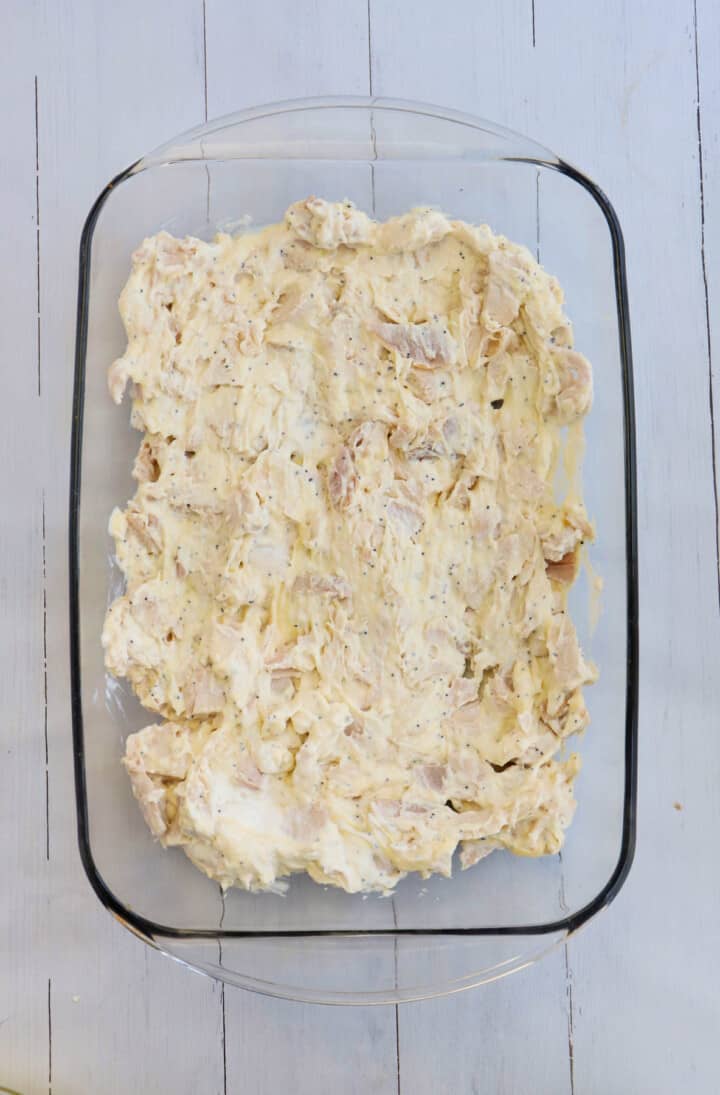 poppy seed chicken casserole in baking dish.