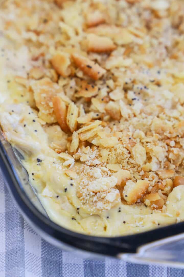 closeup of baked poppy seed chicken casserole.