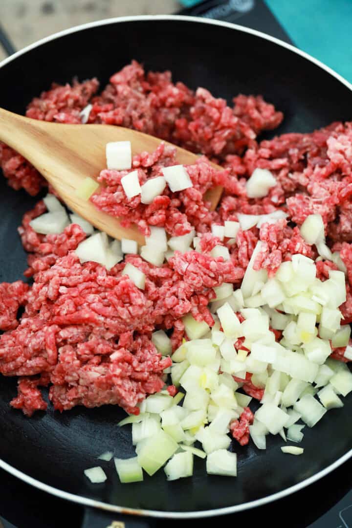 cooking the ground beef and onions for the Sloppy Joes