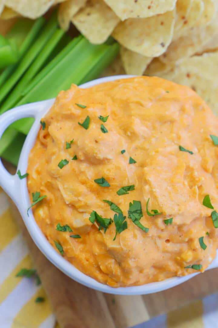 closeup of Buffalo Chicken Dip in a white serving dish.