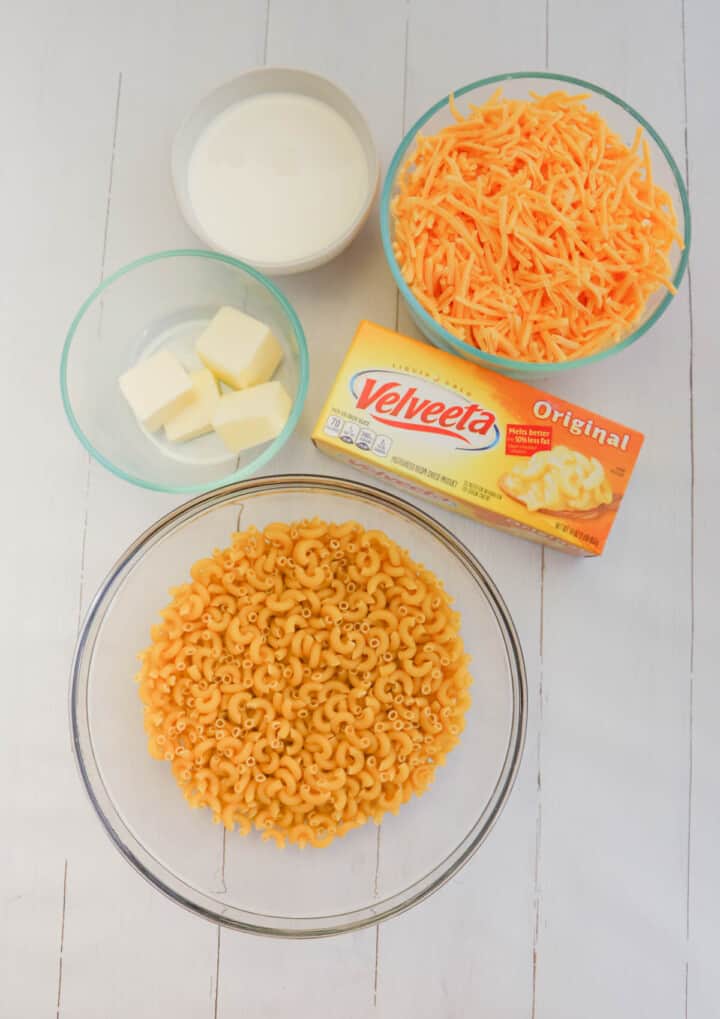 ingredients for Velveeta mac and cheese.