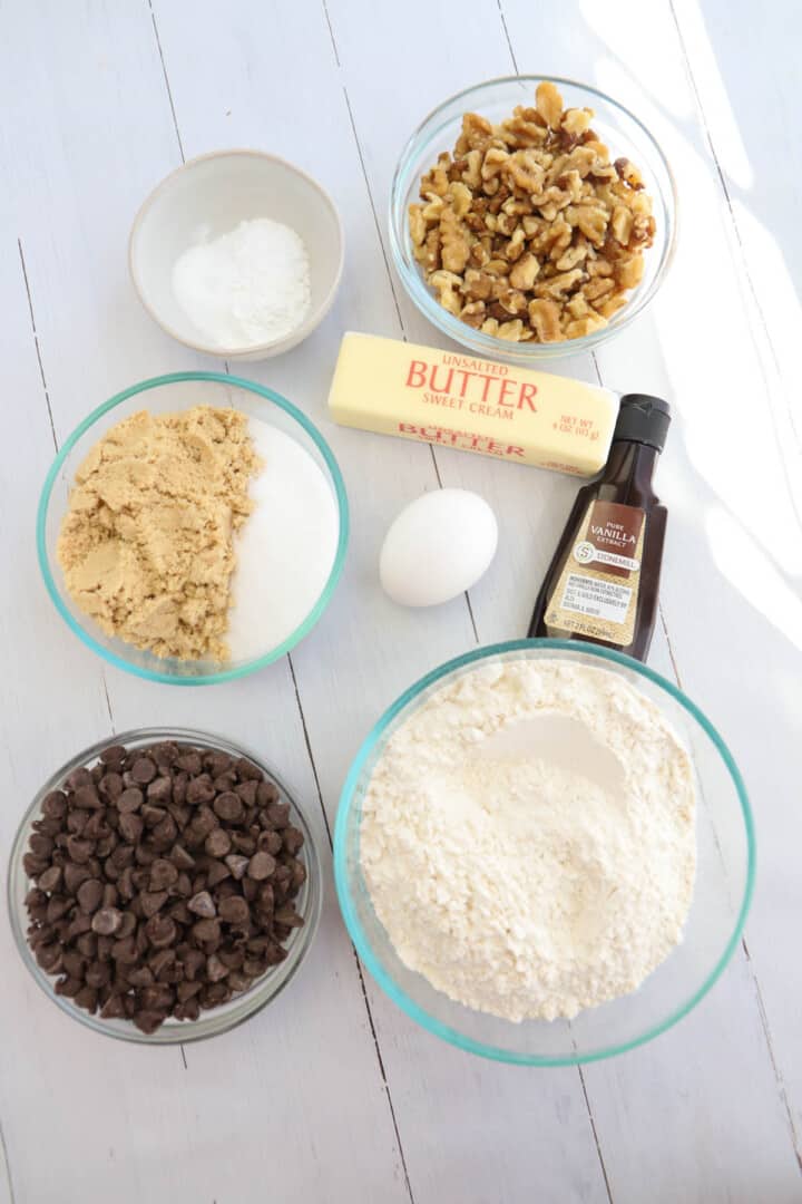 ingredients for walnut chocolate chip cookies.