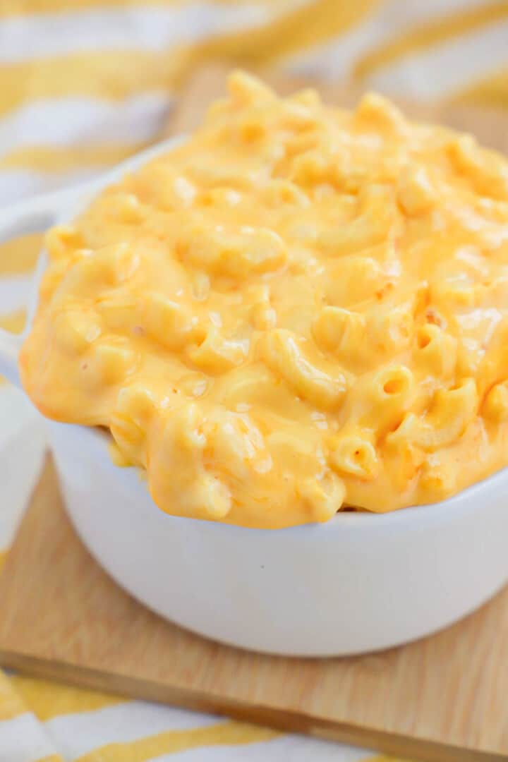 closeup of Velveeta mac and cheese in white bowl