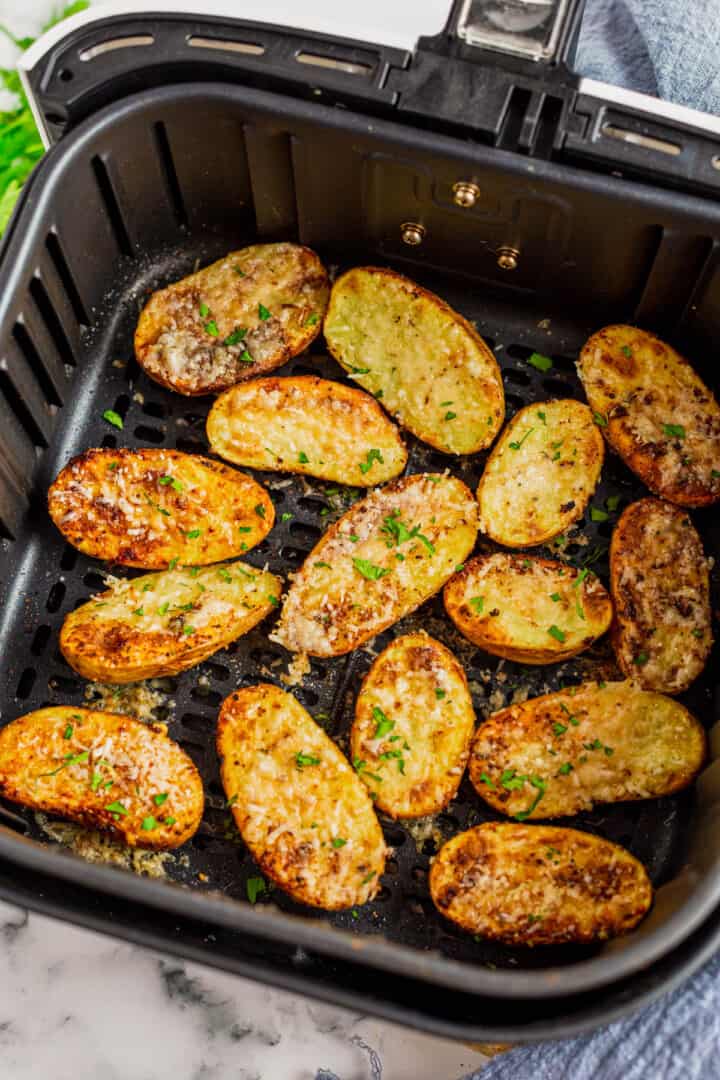 air fryer roasted potatoes in basket.