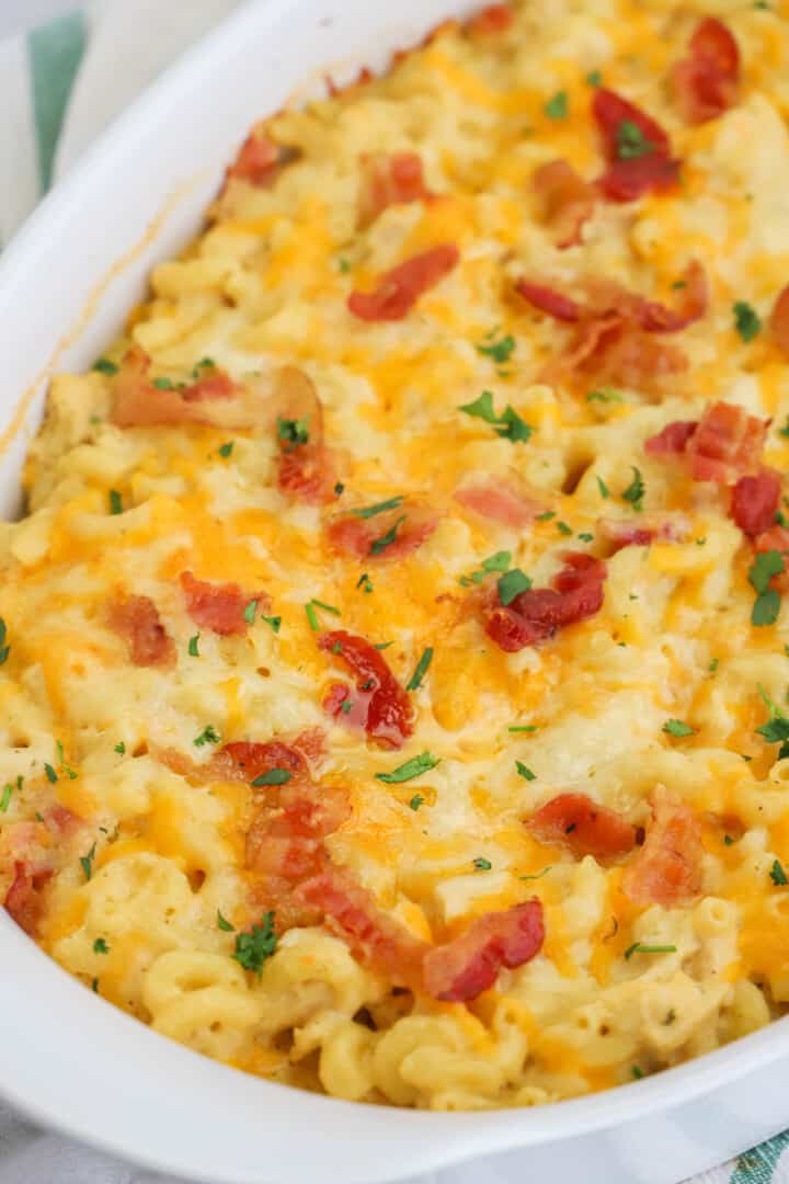 Bacon Ranch Mac and Cheese in white casserole dish.