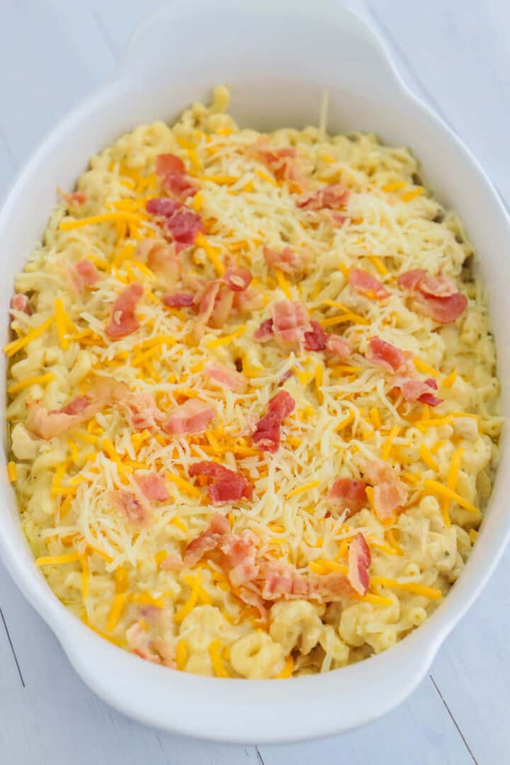 bacon ranch mac and cheese in casserole dish before baking.