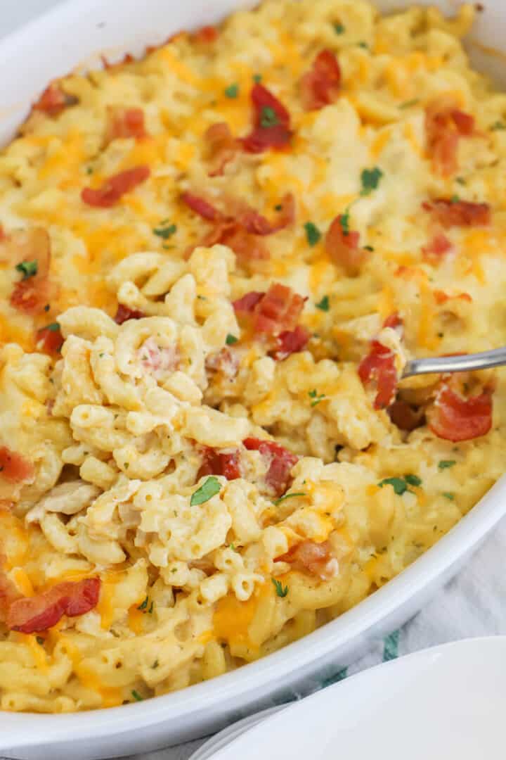 closeup of bacon ranch mac and cheese in casserole dish.