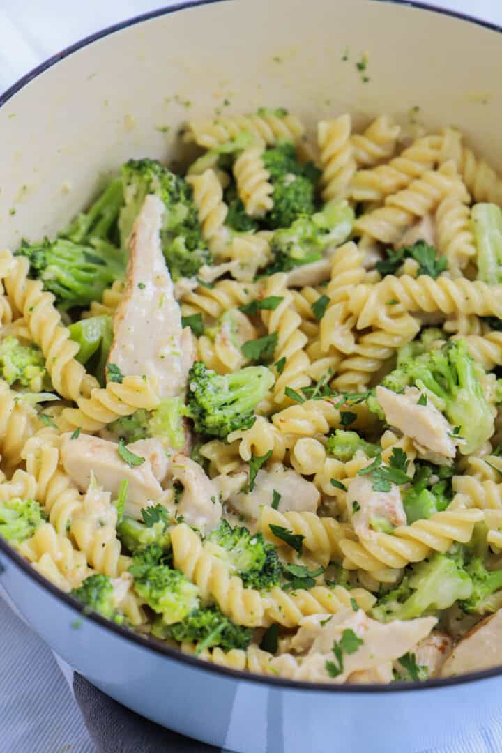 chicken broccoli alfredo in large pot.