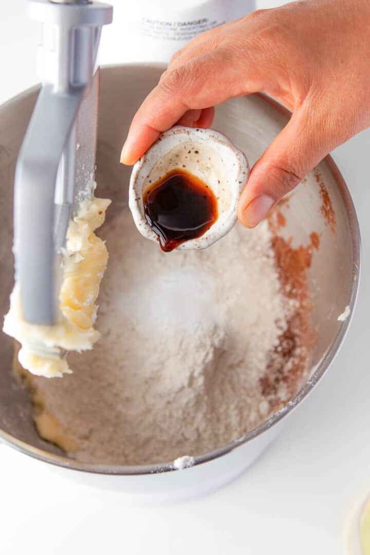 adding dry ingredients to the stand mixer and vanilla extract.