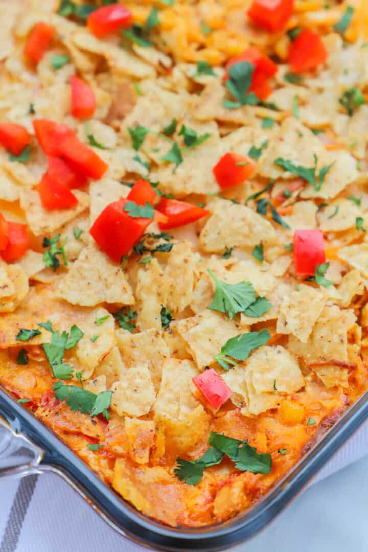 Mexican Chicken Casserole in baking dish.