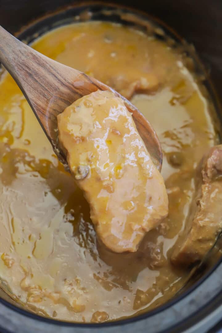 cooked smothered pork chops in the slow cooker served on wooden spoon