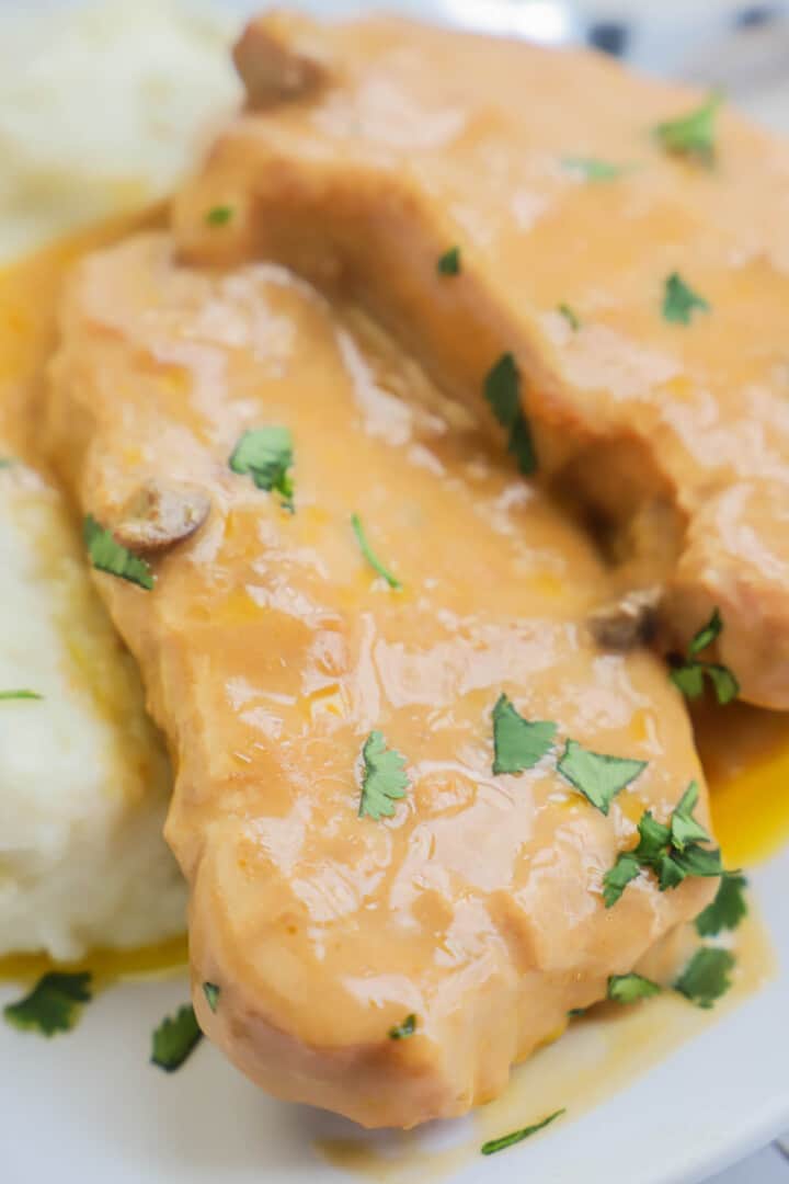 close up of smothered pork chops and mashed potatoes.