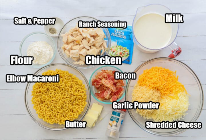 ingredients for bacon ranch mac and cheese.
