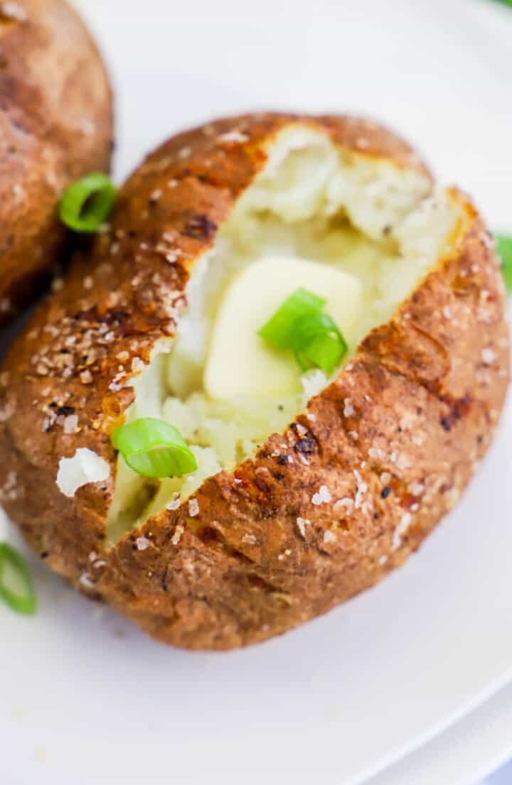 closeup of air fryer baked potato.