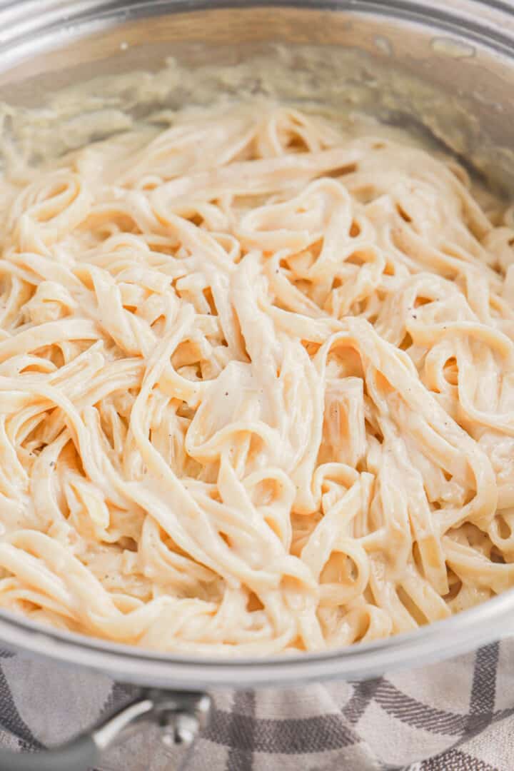 fettuccini mixed in with alfredo sauce.