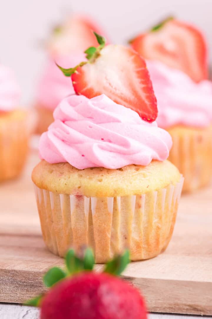 closeup of strawberry cupcakes.