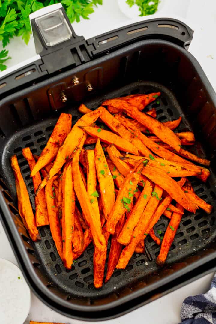 cooked sweet potato fries in the air fryer.