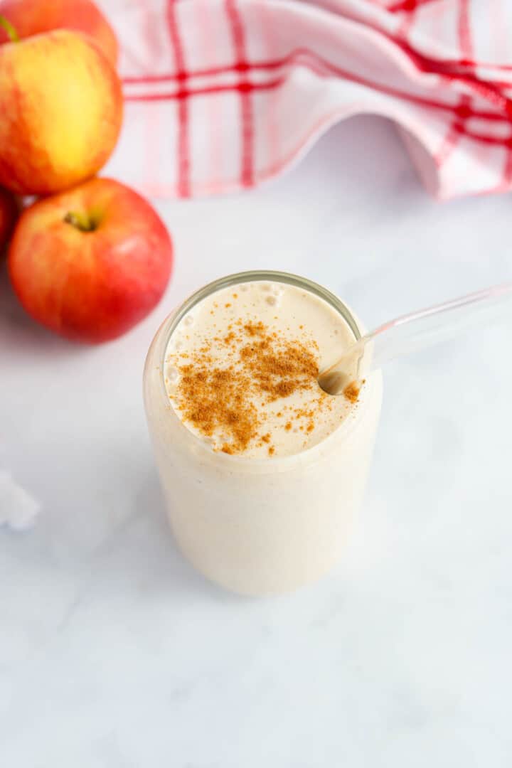 top view of apple pie smoothie in glass.