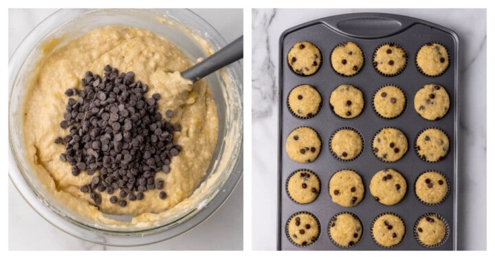 adding chocolate chips to the batter and filling the pan.