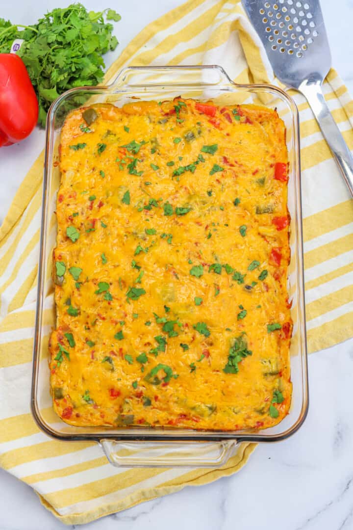 King Ranch Chicken Casserole in casserole dish topped with cilantro.