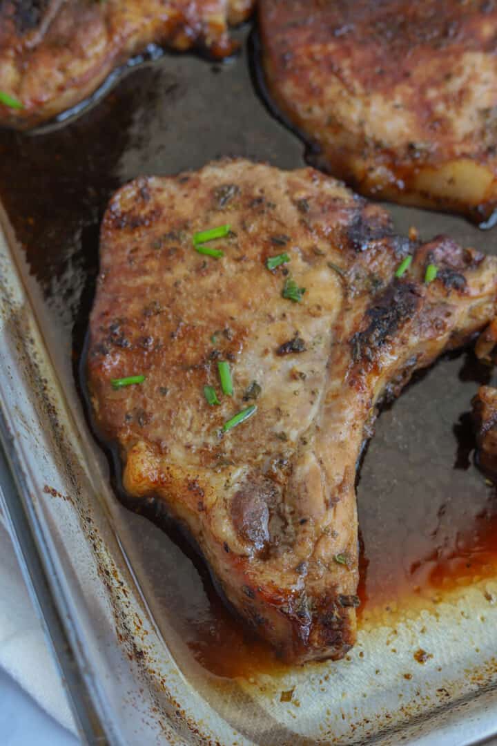 closeup of cooked pork chops.