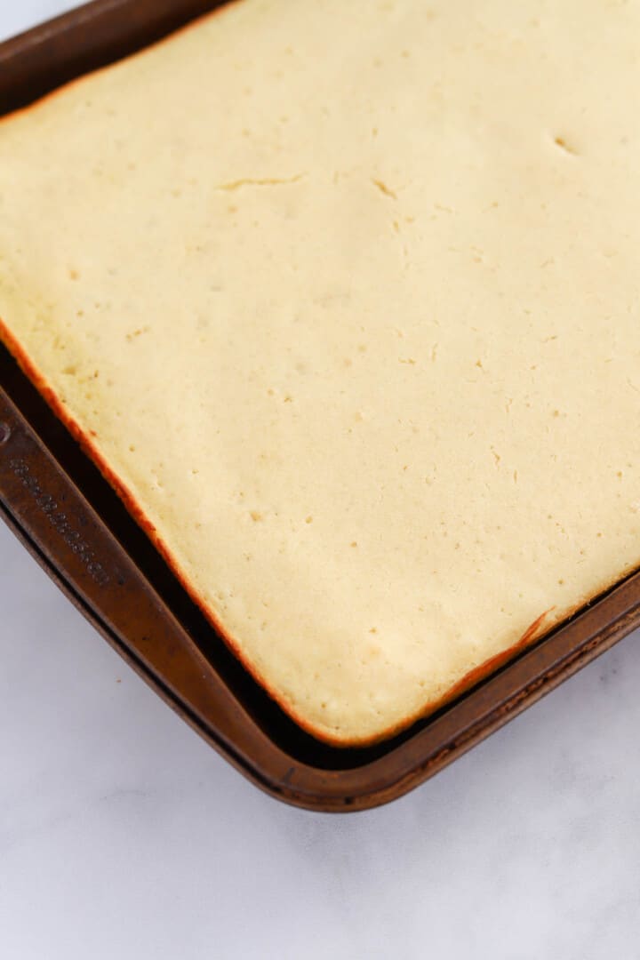 sheet pan pancakes baked on sheet pan.