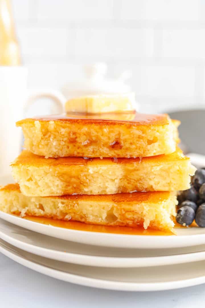 close up of stacked sheet pan pancakes.