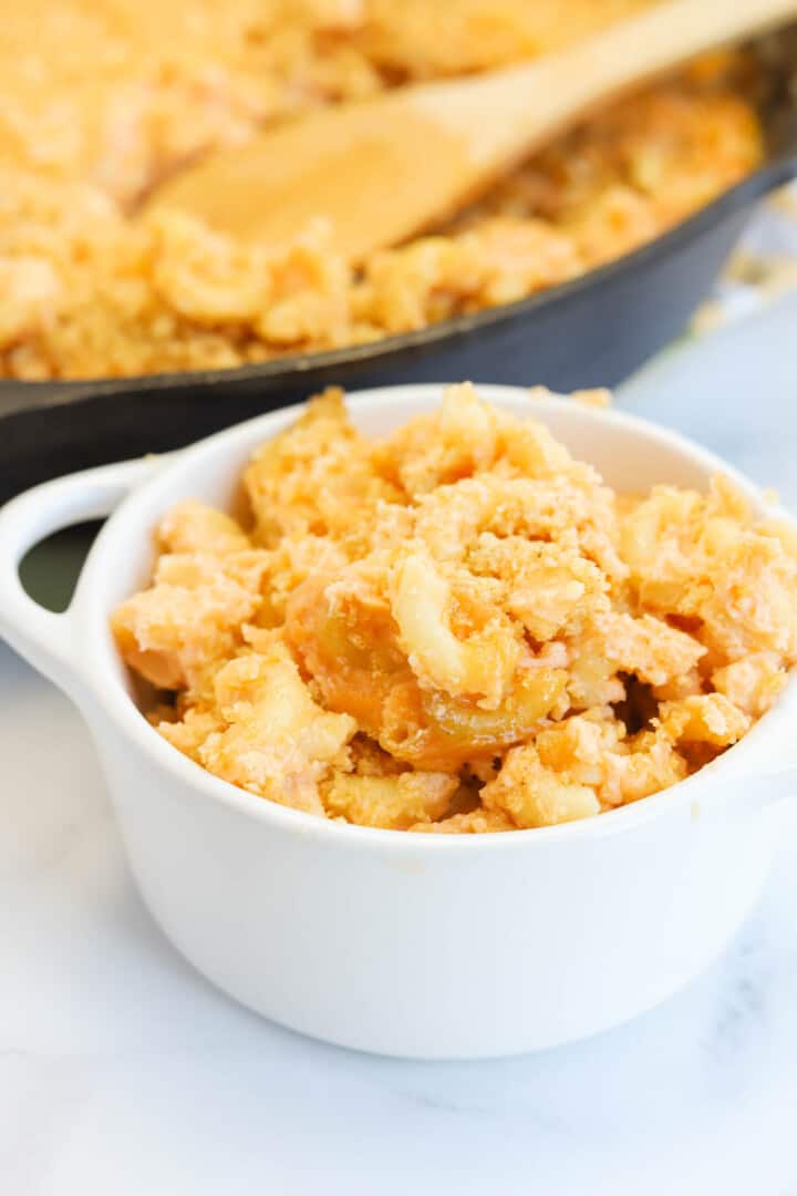 Smoked Mac and Cheese in white serving board.