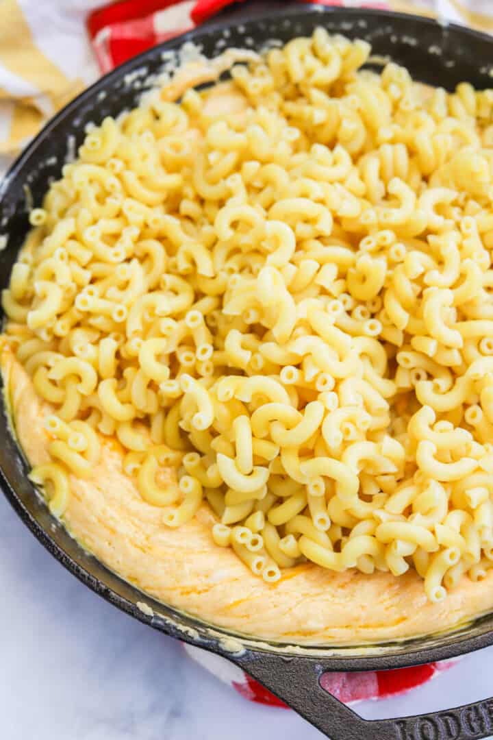 making the mac and cheese in a cast iron skillet.