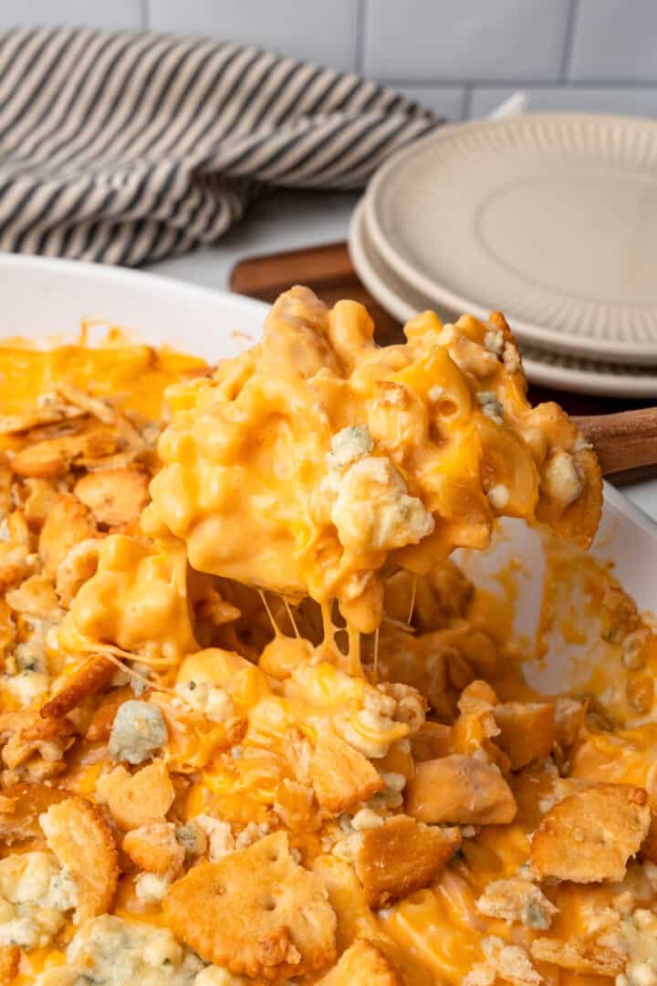 Closeup Buffalo Chicken Mac and Cheese in casserole dish with Ritz cracker topping.