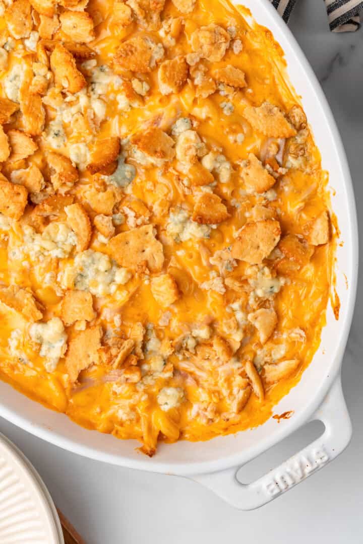 Buffalo Chicken Mac and Cheese in white casserole dish.