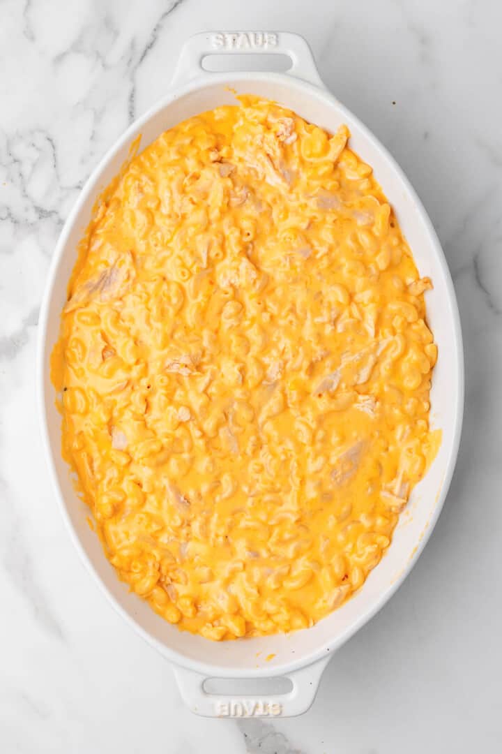 Buffalo Chicken Mac and Cheese in casserole dish.