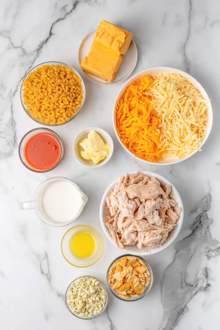 ingredients for Buffalo chicken mac and cheese.