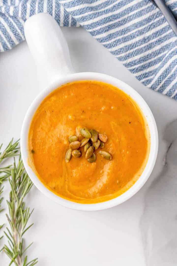 closeup of soup in white bowl.