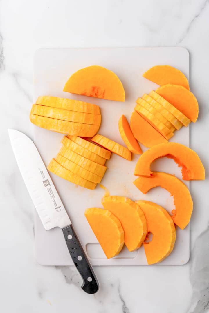 slicing the squash for roasting.