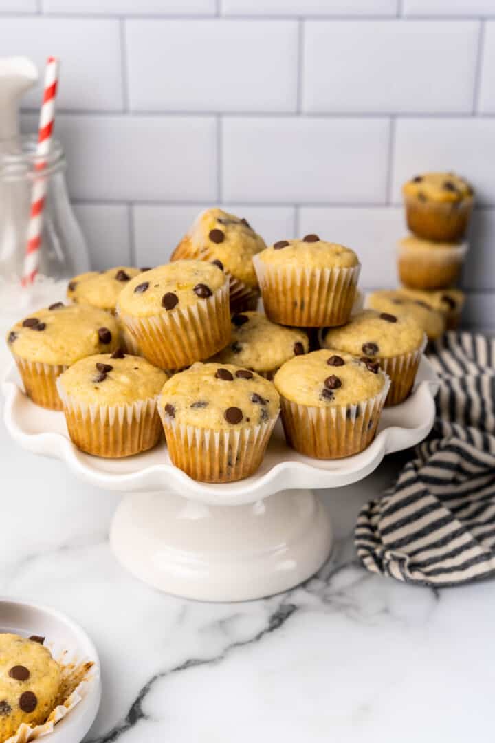 Mini Banana Chocolate Chip Muffins on a muffin stand.