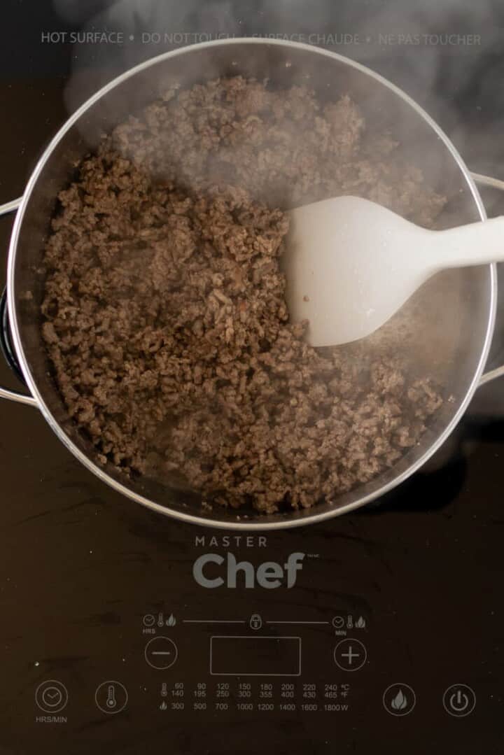 cooking ground beef in large pot.