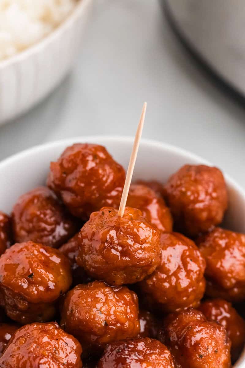 closeup of a bowl of the 3 Ingredient Meatballs.