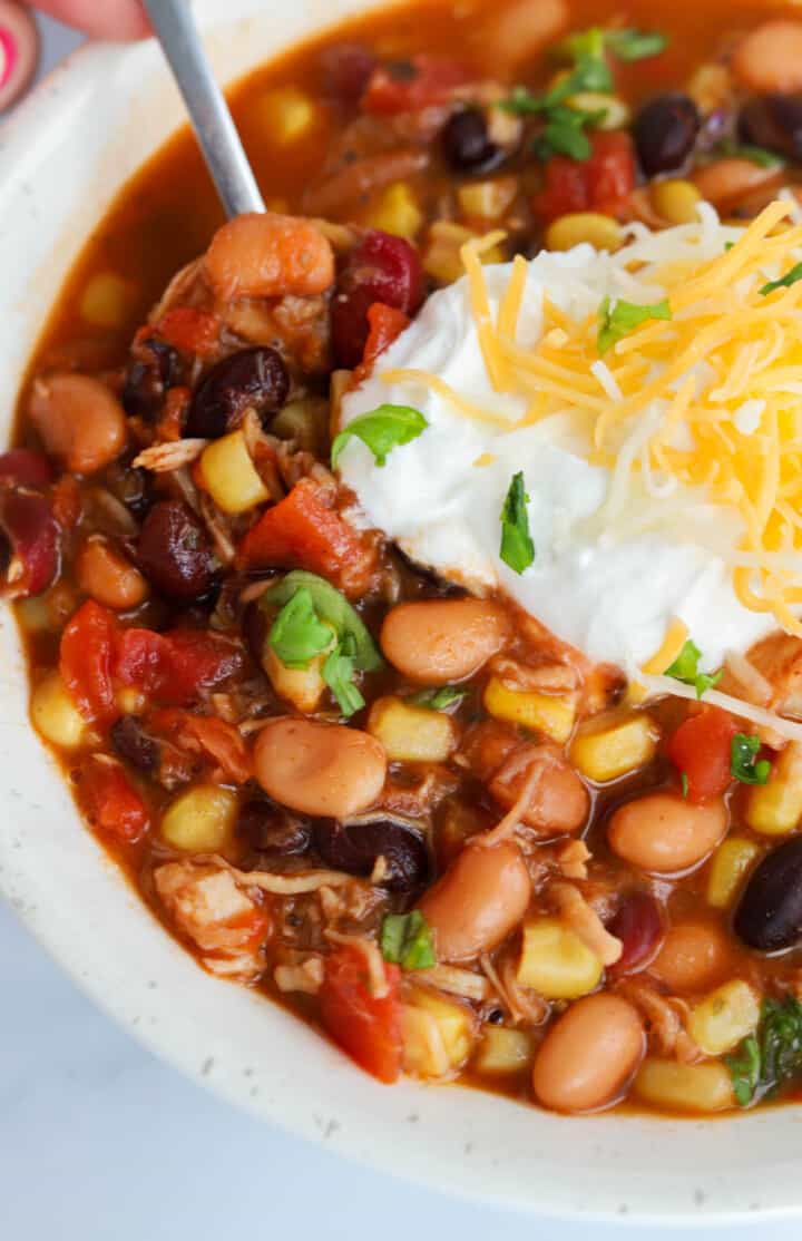 taco soup in white bowl closeup pic.